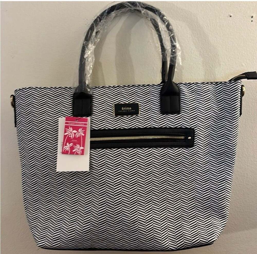 Trina Turk Vegan Leather Black and White Herringbone Print Tote Bag